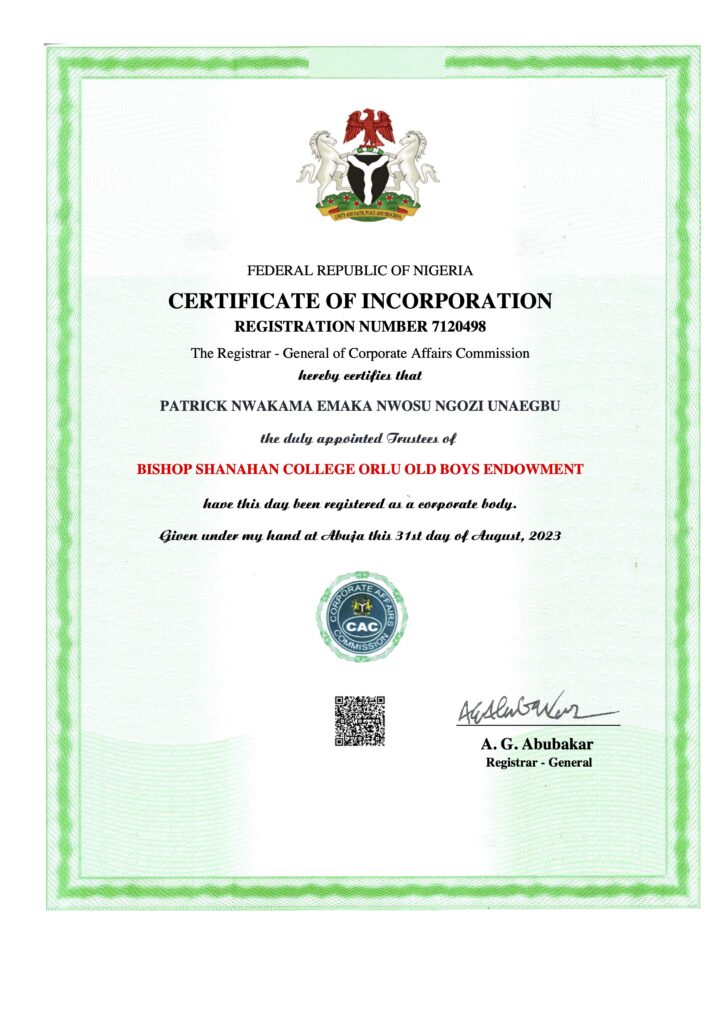 CERTIFICATE - BISHOP SHANAHAN COLLEGE ORLU OLD BOYS ENDOWMENT